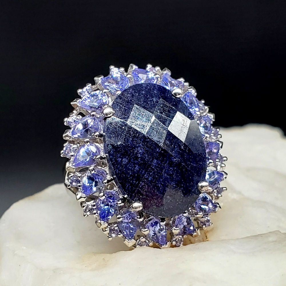 Sterling Silver 925 Designe Ring Raw Blue Sapphire Natural Tanzanite Gemstone